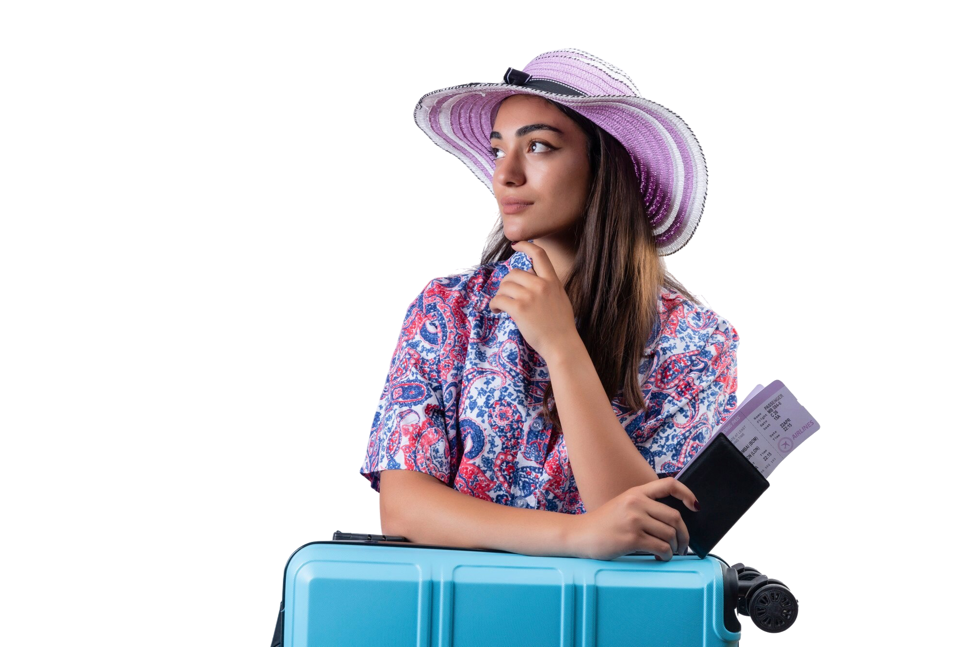 traveler woman wearing summer hat standing with travel suitcase holding tickets looking aside with hand near chin thinking having doubts white Andaman Holiday Trips
